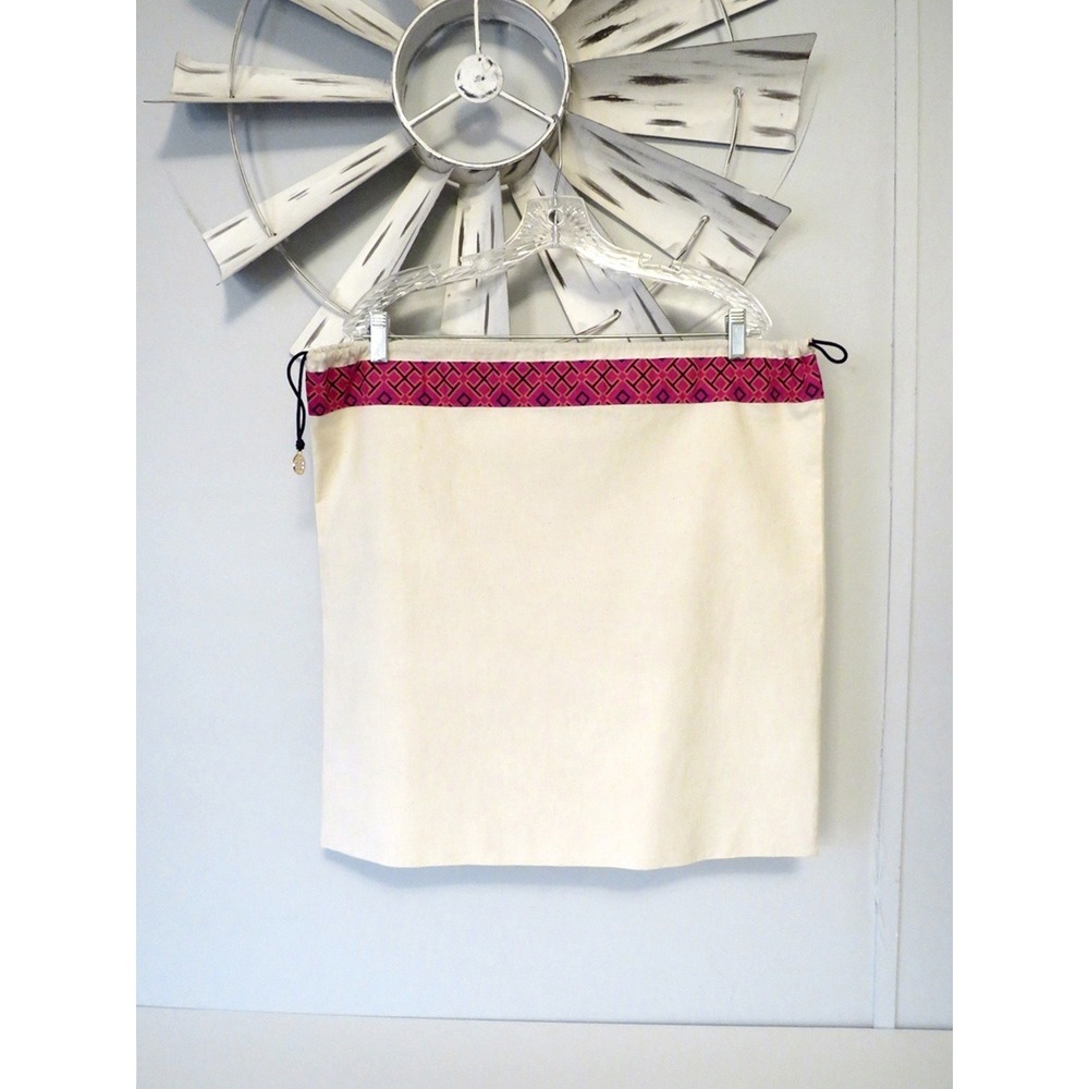 Tory Burch Duster Bag Gold Logo Cream w/ Purple Geo Top Strip Drawstring Closure